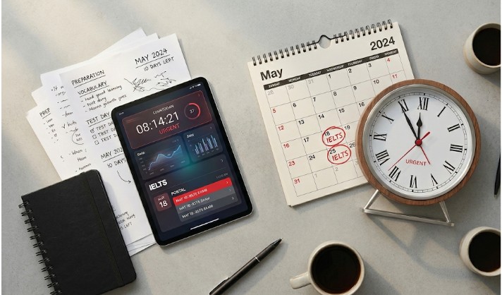 Creative IELTS exam date planning setup with calendar, clock, and study materials